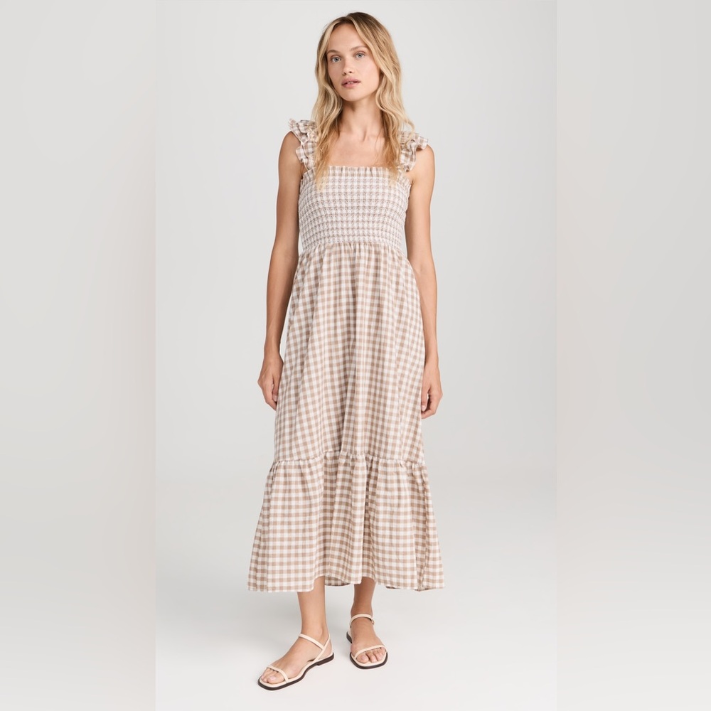 NWOT Marea by Liz Joy Gingham Smocked Midi Dress | Taupe Cream Ruffle Strap- M